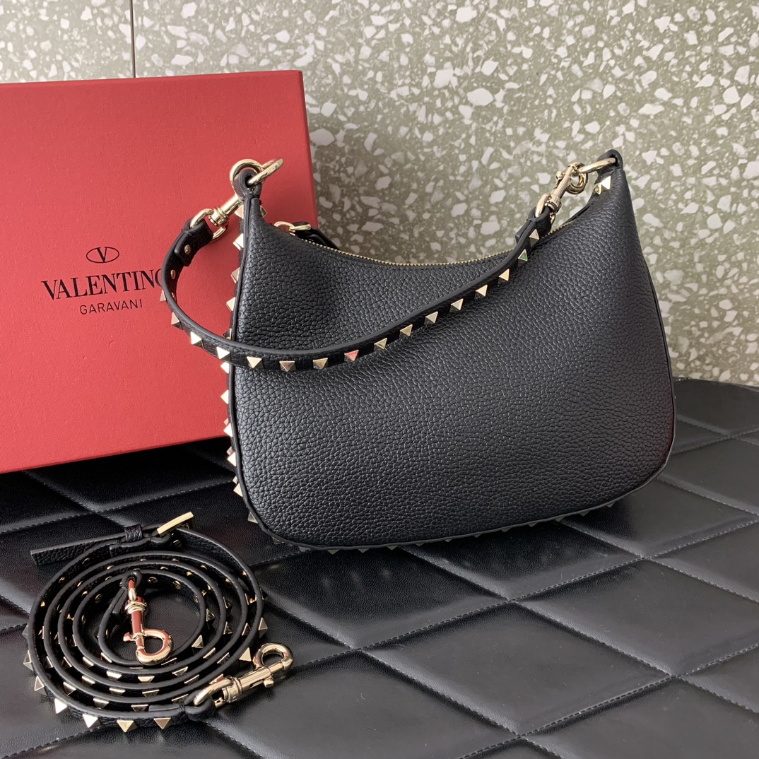 Valentino Garavani Rockstud Small Hobo Bag in Black Grainy Calfskin